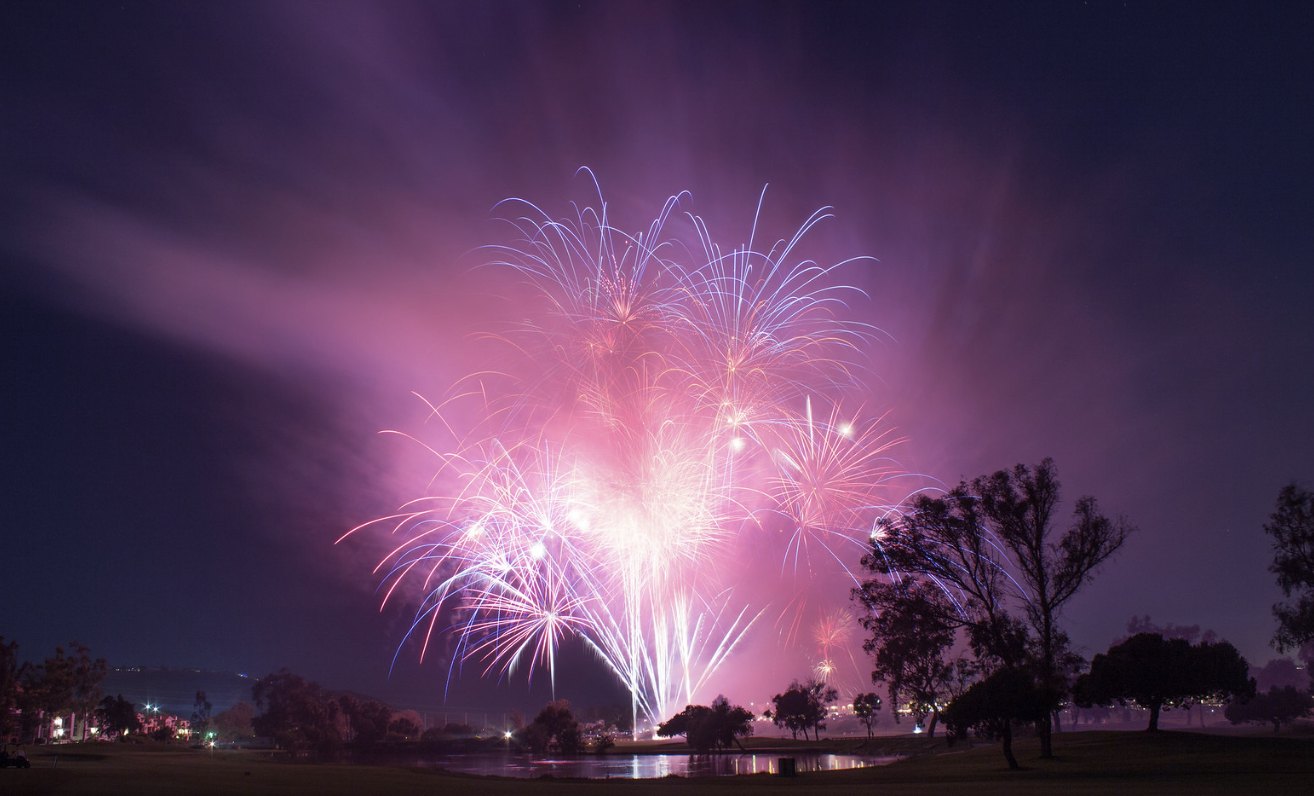July 4th fireworks at night over water and trees